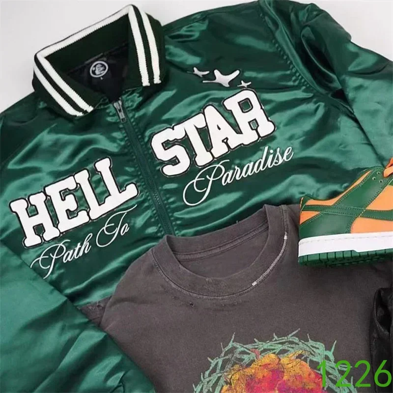 

2024ss HELLSTAR Green Bomber Jacket Men Women 1:1 Best Quality Heavy Embroidery Oversized Jackets