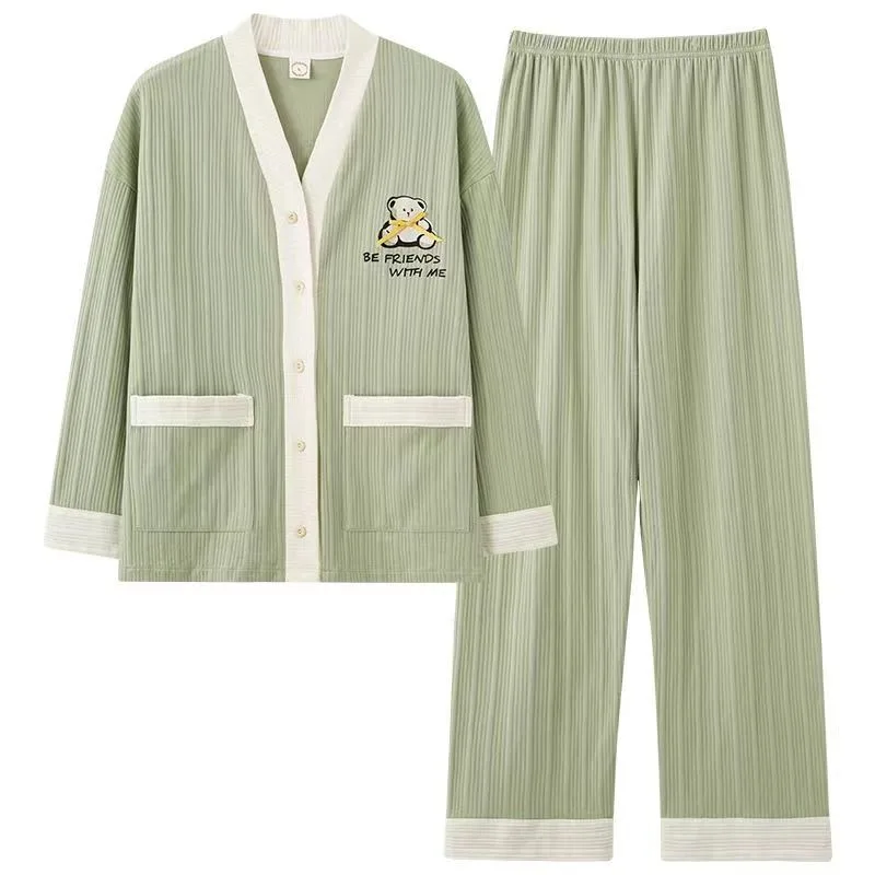 Couple Pajamas Women Men Spring Fall Loungewear Long Sleeve Pants Cotton Sleepwear Set Korean Loose Youth Homewear Outfit Pijama