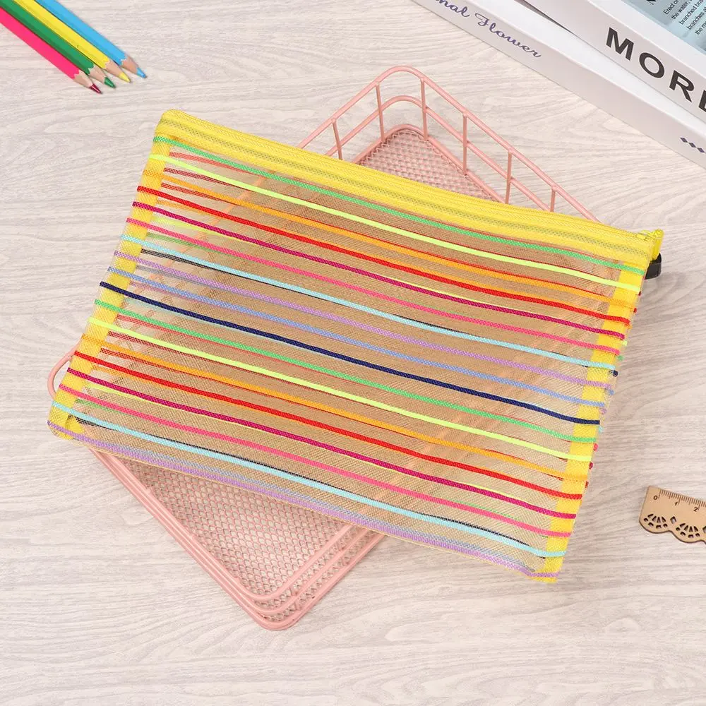Pencil Cases Simple Rainbow Mesh Document Bag Multicolor Zipper Nylon Stationery