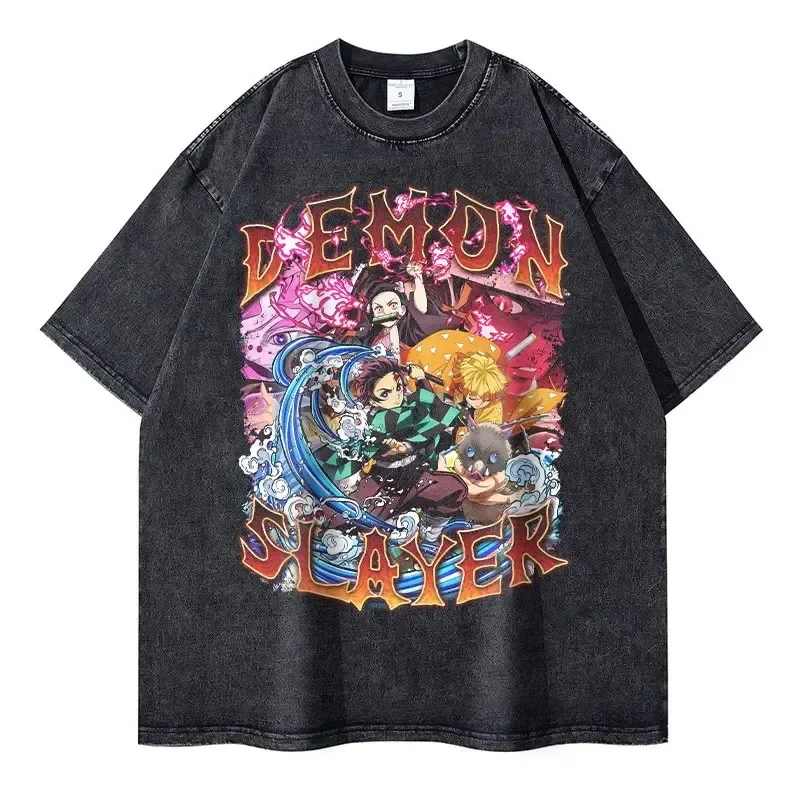 

Anime Demon Slayer T Shirts Vintage Washed Kimetsu No Yaiba T-shirt Oversized Short Sleeve Tanjirou Nezuko Akaza Tops Tees Men