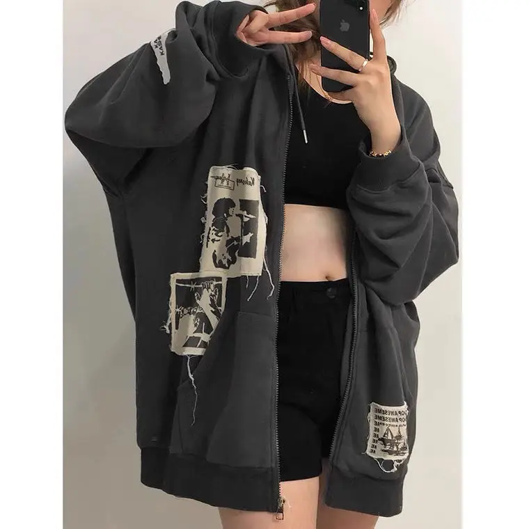 Aesthetic Hoodie Jakets Vintage Sweatshirt Grunge Harajuku Zip Up Loose  Streetwear Womens Autumn Sudaderas Para Mujer