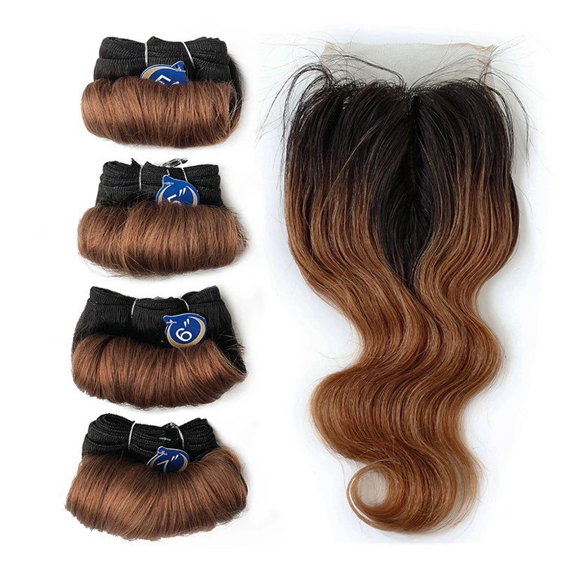 Brazilian Curly Bundles With Closure T Part Human Hair Lace Closure and Bundles Short Remy Hair 4 With
