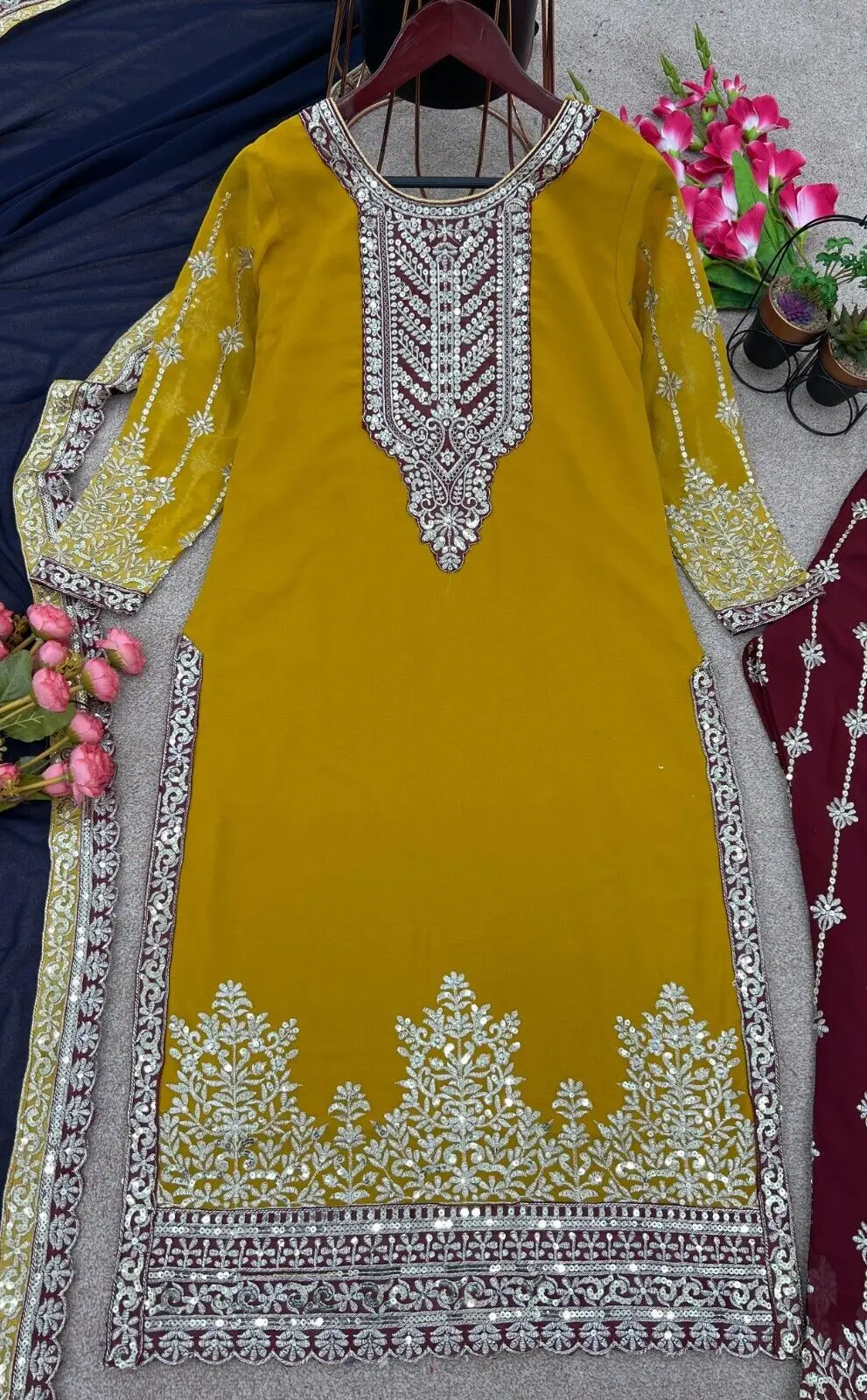 Salwar Kameez Full-Sleeve Round Neck Long Sleeved Sharara Heavy Faux Georgette with Embroidery Indian Ethnic Traditions