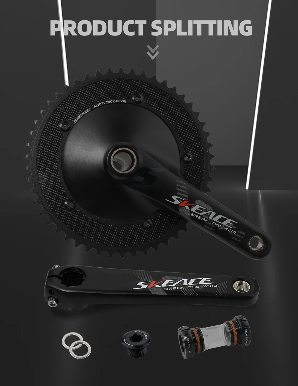 Description Picture 5 of itemSKEACE Break The Wind Hollowtech Crankset, Fixie Crank, Fixed Gear Bike, Track Bicycle CNC Carbon Chainwheel, 49T, 165mm, 144BCD