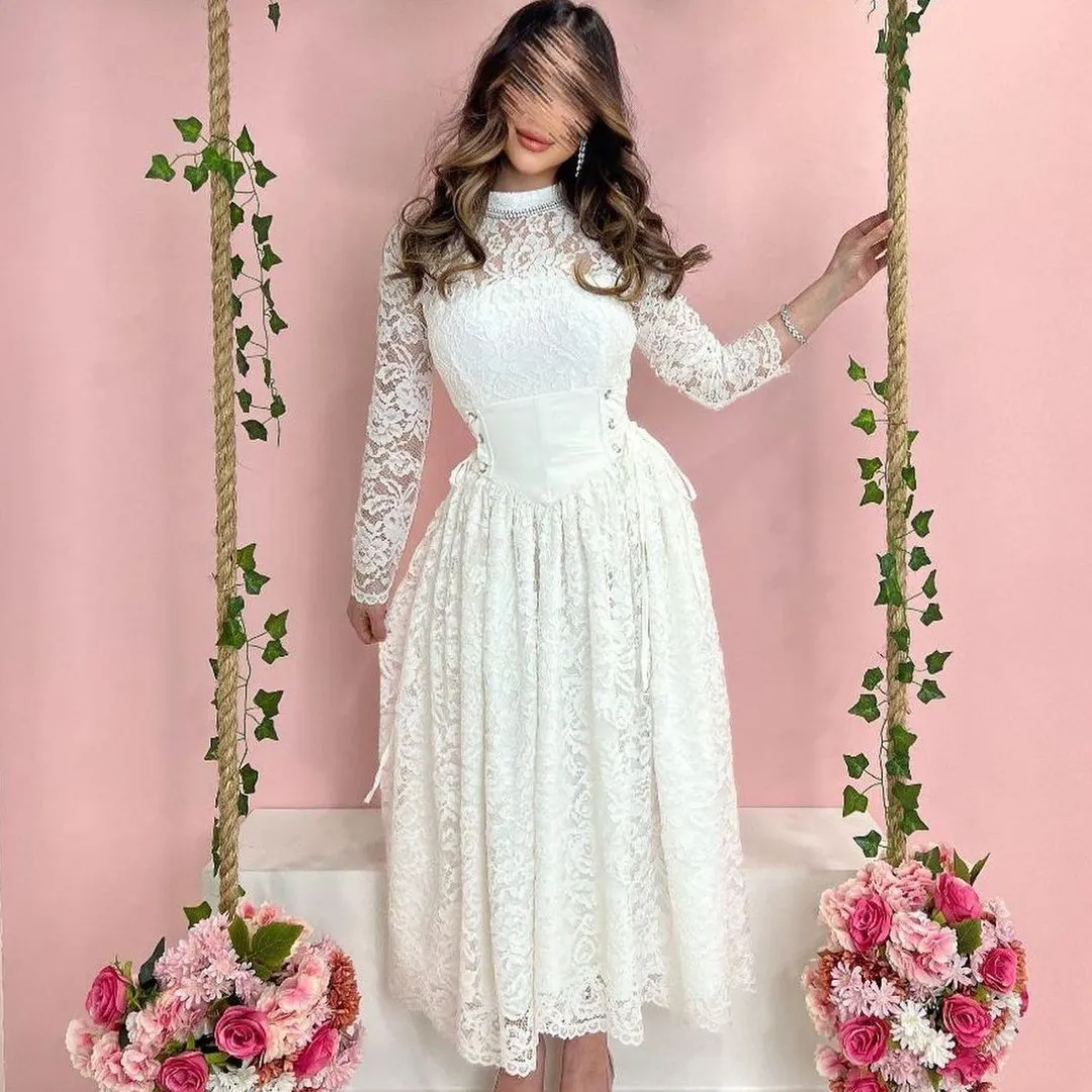 

Full Lace Ankle Length Prom Dresses for Saudi Arabia Women High Collar Long Sleeves Homecoming Party Graduation Evening Gowns