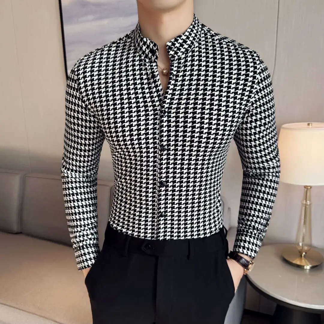 Red Dress Shirt Men Long Sleeve Luxury Shirts for Men 4XL Stretch Checked Print Shirts Slim Fit High Quality Blouse Male 2024
