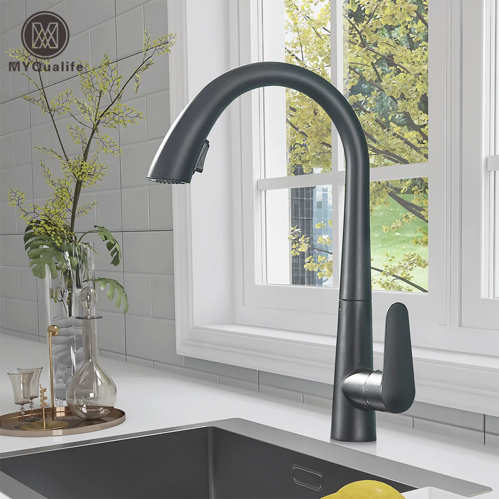 

Black Kitchen Faucet Two Function Single Handle Pull Out Mixer Hot and Cold Water Taps Deck Mounted 360 Rotation Mixer Tap