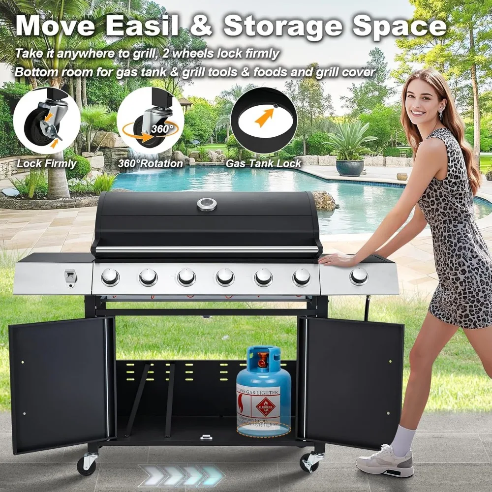 Upgraded 6 Burner Propane Gas Grill with Cast Iron Grates & Side Stove, 60,000 BTU Stainless Steel, BBQ Grills 3