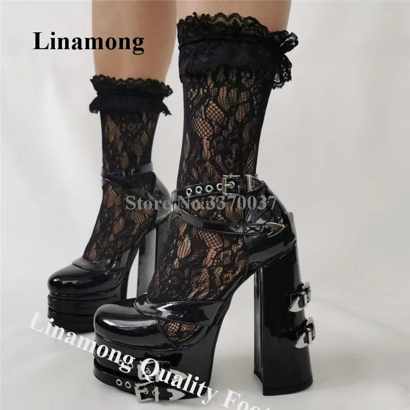 

Metal Buckles Decorated Chunky Heel Pumps Linamong Round Toe Black Patent Leather High Platform Straps Cross Thick Dress Heels