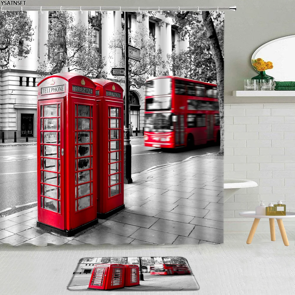 

2Pcs City Architecture Scenery Shower Curtain Red Phone Booth Bus London Big Ben Bathroom Non-Slip Carpet Bath Mat Curtains Set