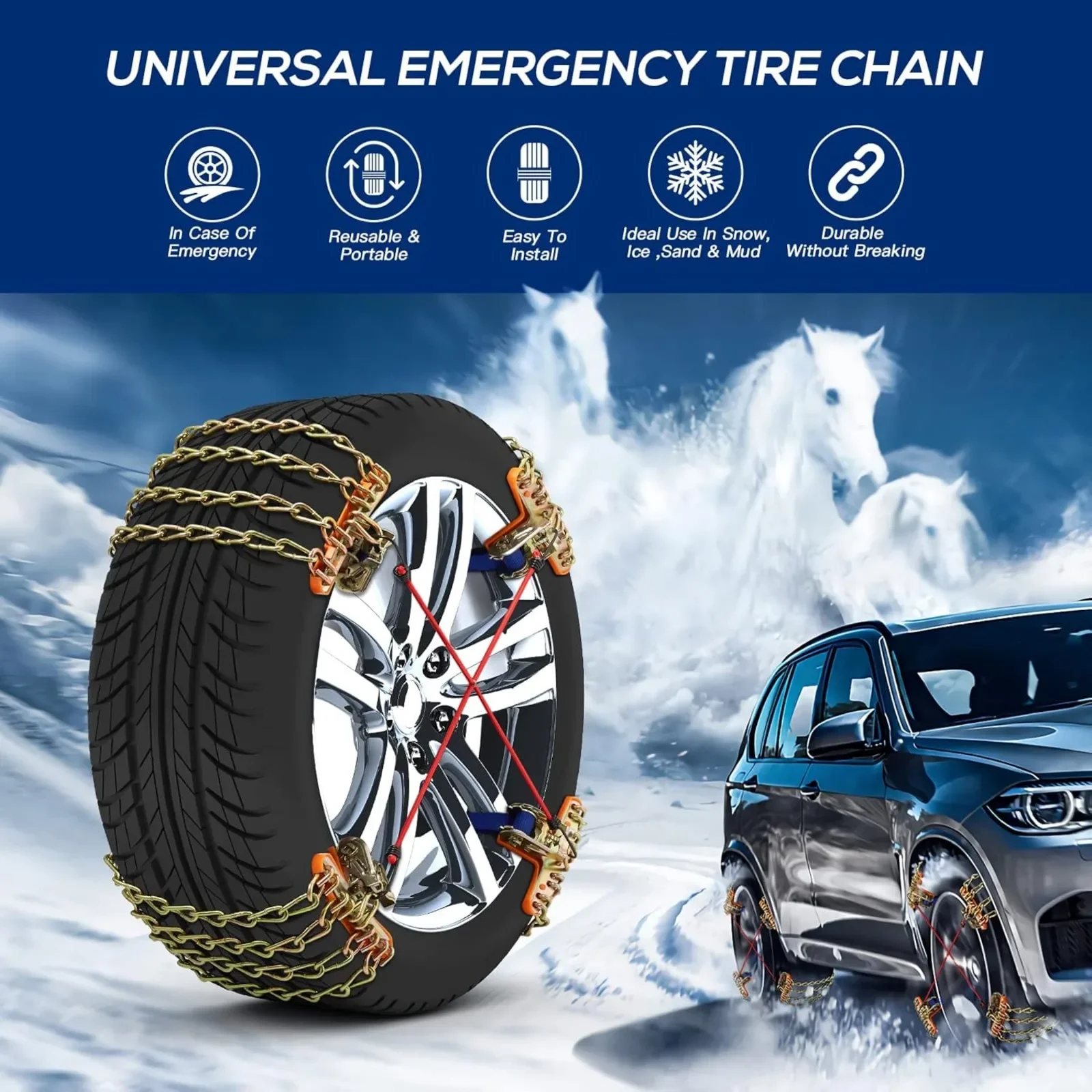8 Pack Snow Chains for Car SUV Pickup Trucks for Tire Width 205-265mm(8.1-10.4 inch) Adjustable Portable US Tire Chains