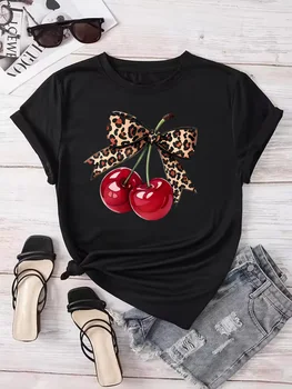 Fashion Cherry Print Women T-Shirt Short Sleeve Crew Neck Casual Tops for Summer Spring Women's Clothing Tops Tees 2