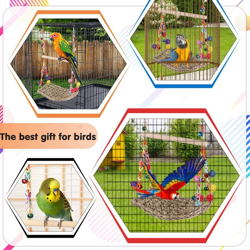 Фото Игрушки-качели для птиц с колокольчиками, искусственная платформа для птиц с деревянной подставкой для окуня, подвесной гамак для подъема птиц №5