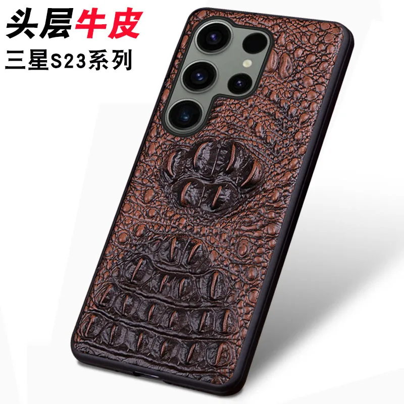 Luxury Genuine Leather Phone Case For Samsung Galaxy S23 Ultra Plus Business 3D Crocodile Skull Head Pattern Full Armor Cover