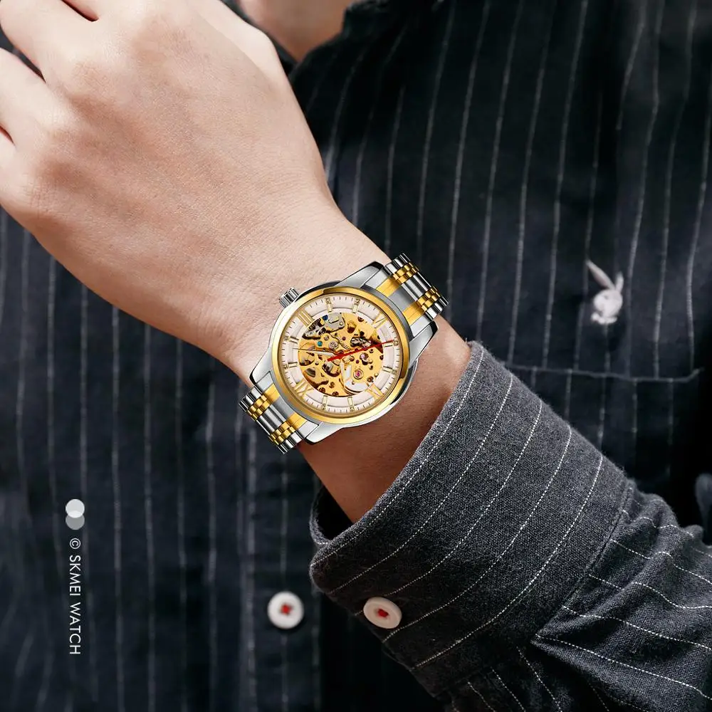 Skmei Reloj Hombre Luxury Automatic Watch Men Hollow Dial Mechanical Watches For Mens Fashion Stainless Steel Band Clock