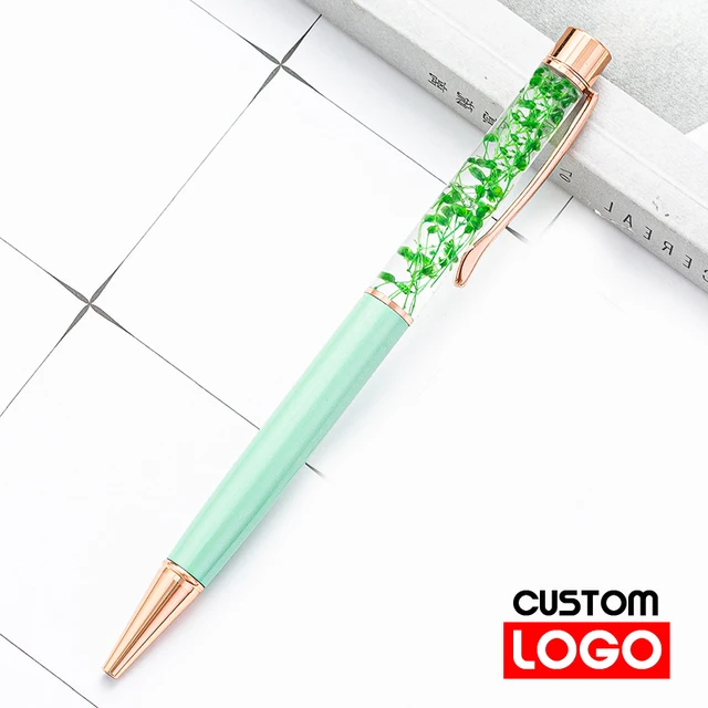 New Eternal Life Flower Oil Pen Metal Ballpoint Pen Lettering Engraved Name Advertising Pen Custom Logo Stationery Wholesale Style 2 -Light green