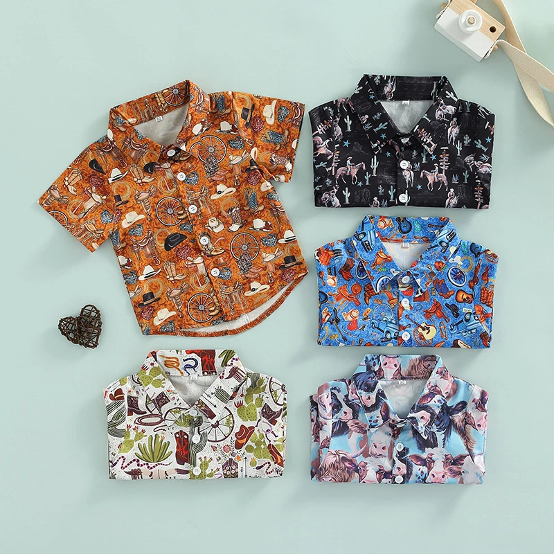 FOCUSNORM 1-5Y Summer Causal Kids Boys Shirts Tops 5 Colors Cartoon Printed Lapel Neck Short Sleeve Single Breasted Clothes boys short sleeve shirts