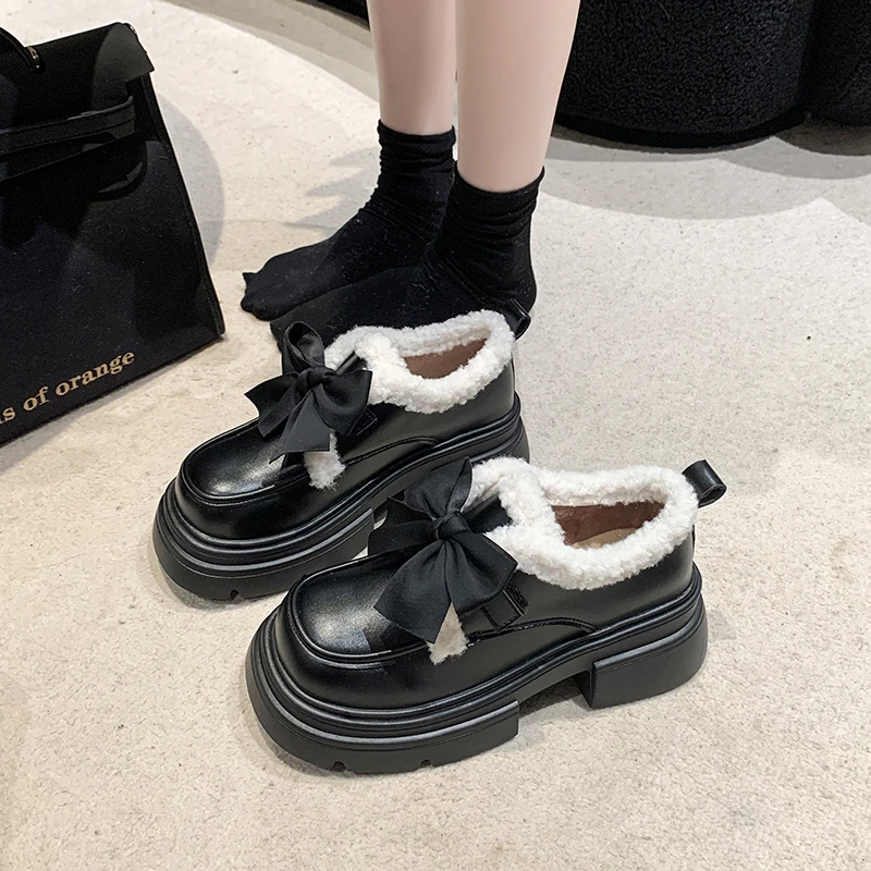 

Shoes Woman 2023 Oxfords Autumn Loafers With Fur Casual Female Sneakers Bow-Knot Clogs Platform Round Toe New Leather Comfortabl