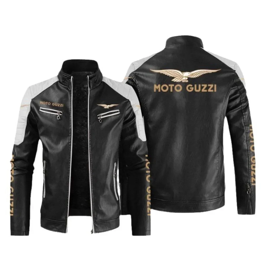 New motorcycle style leather jacket Moto Guzzi color stand collar leather jacket spring and autumn style without velvet jacket 3