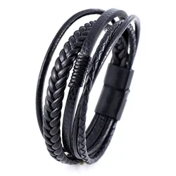 Stylish Multilayer Braided Leather and Stainless Steel Men's Bracelet (Black)