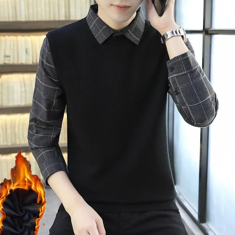 Men's Autumn Winter Pullover Turn-down Collar Button Patchwork Striped Flocking Plaid Long Sleeve Shirt Casual Formal Tops