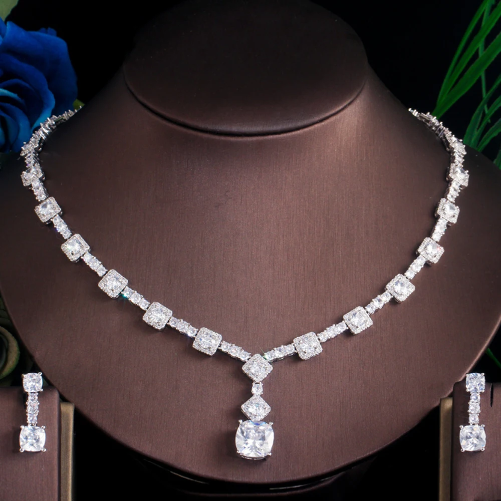 Elegant Yellow CZ Crystal Silver Color Big Square Drop Earrings Necklace Wedding Party Jewelry Sets bridal jewelry sets For Women TZ581