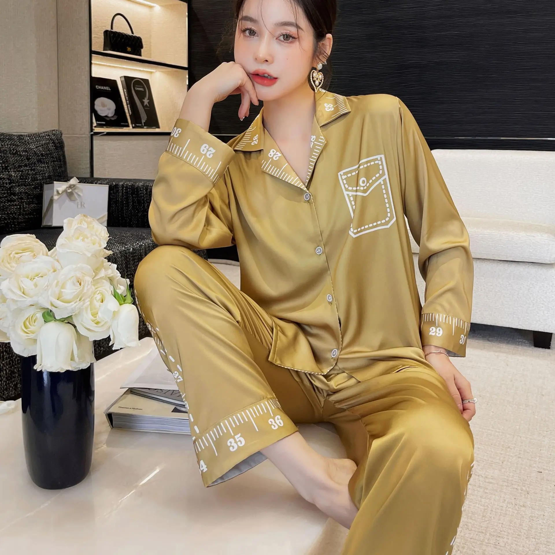 satin sleepwear 2022 Spring Print Pajamas Set Casual Women Sleepwear Lounge Wear 2PCS Satin Silk Lingerie Pyjamas Soft Home Clothes Pijamas plus size pjs