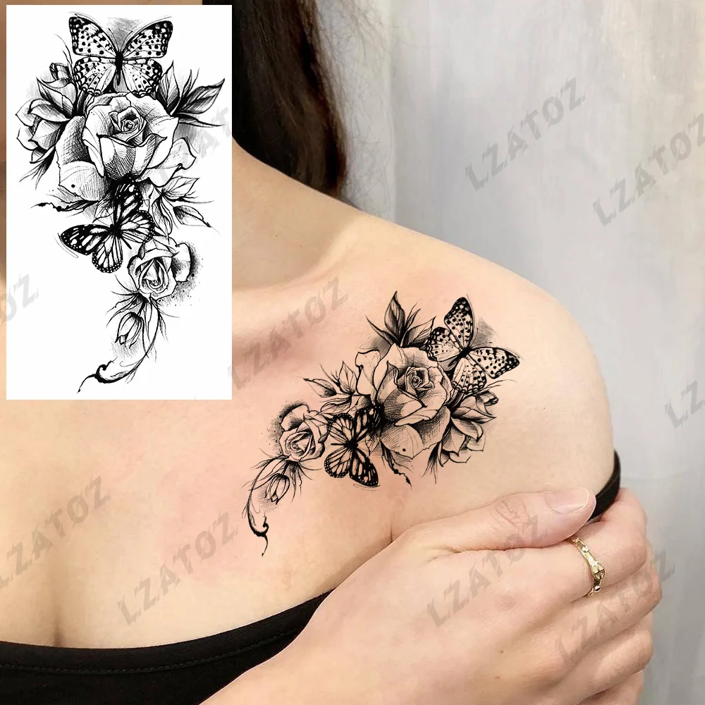 

Sexy Butterfly Rose Temporary Tattoos For Woman Adults Flowers Mountains Waves Fake Tattoo Stickers Washable Body Art Tatoos