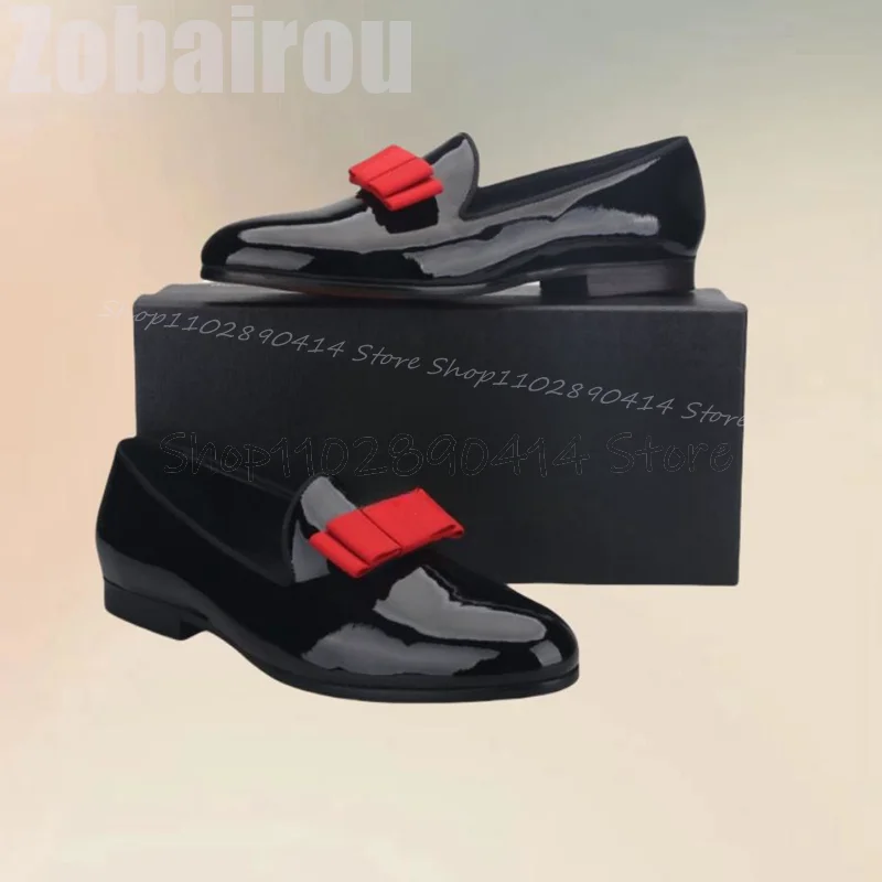 

Red Bow Knot Decor Black Patent Leather Loafers Fashion Slip On Men Shoes Luxury Handmade Party Banquet Wedding Men Dress Shoes