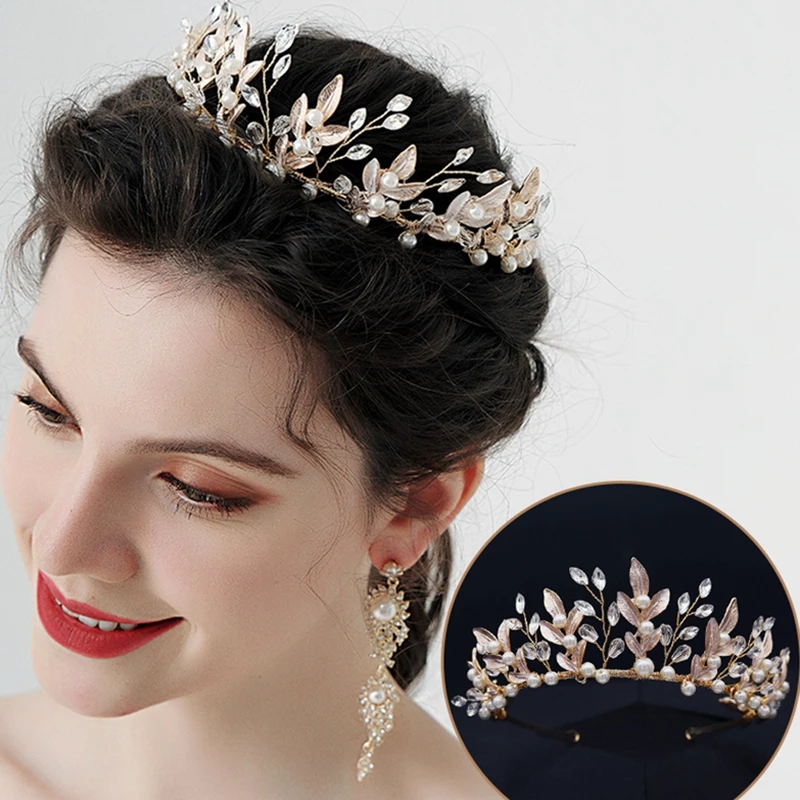 

MOGAKU Bridal Tiara Handmade Princess Headbands Bridal Wedding Leaves Crowns Women Hair Jewelry Imitation Pearl Head Hoop Girls