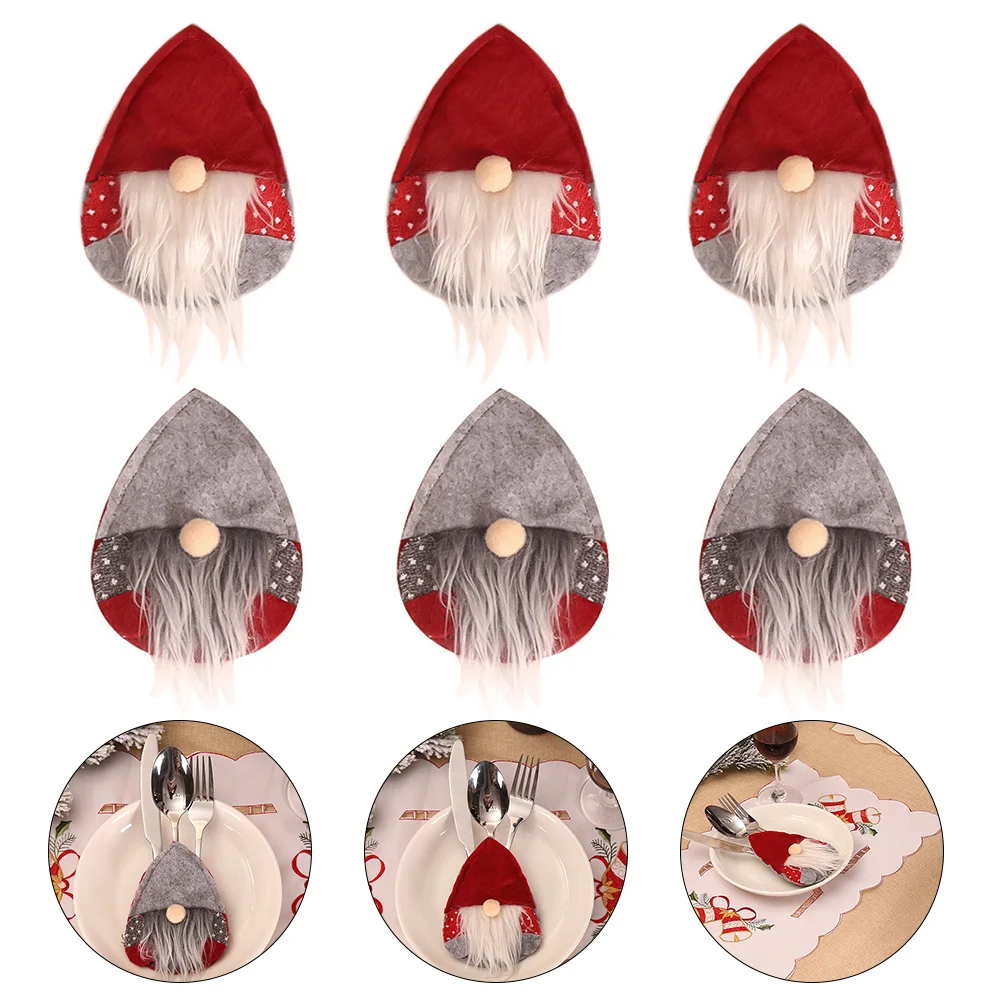 

6pcs Christmas Tableware Cover Silverware Holder Christmas Table Decor Red Grey