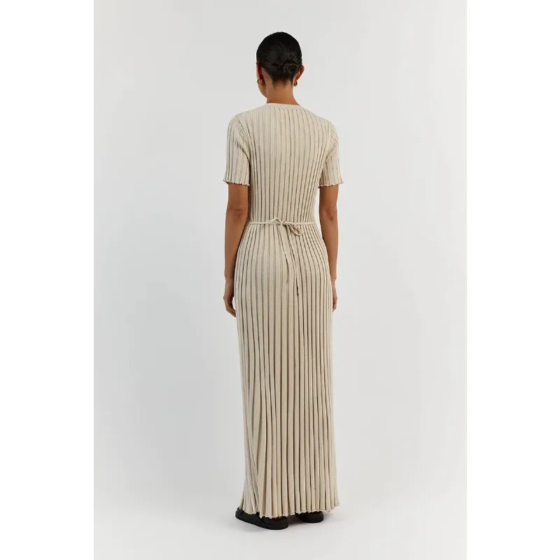 Ribbed Short Sleeve Casual Maxi Dress Knitwear Lace-Up High Waist Solid Patchwork Dress Autumn Female Knit Dress New