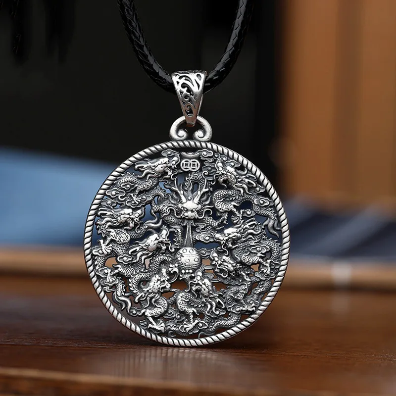 925 Thai Silver Masculine and Dominant Nine Dragon Pendant Vintage Wind Xiangyun Dragon Classic Round Men's Necklace Jewelry