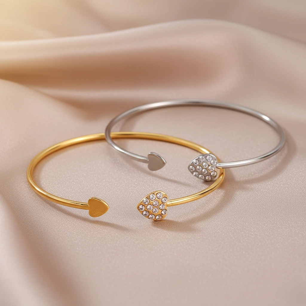 1pc Elegant Gold Color Bangle with Heart-Shaped Shiny Zirconia Adjustable Open Cuff Bracelet for Women Accessory 2