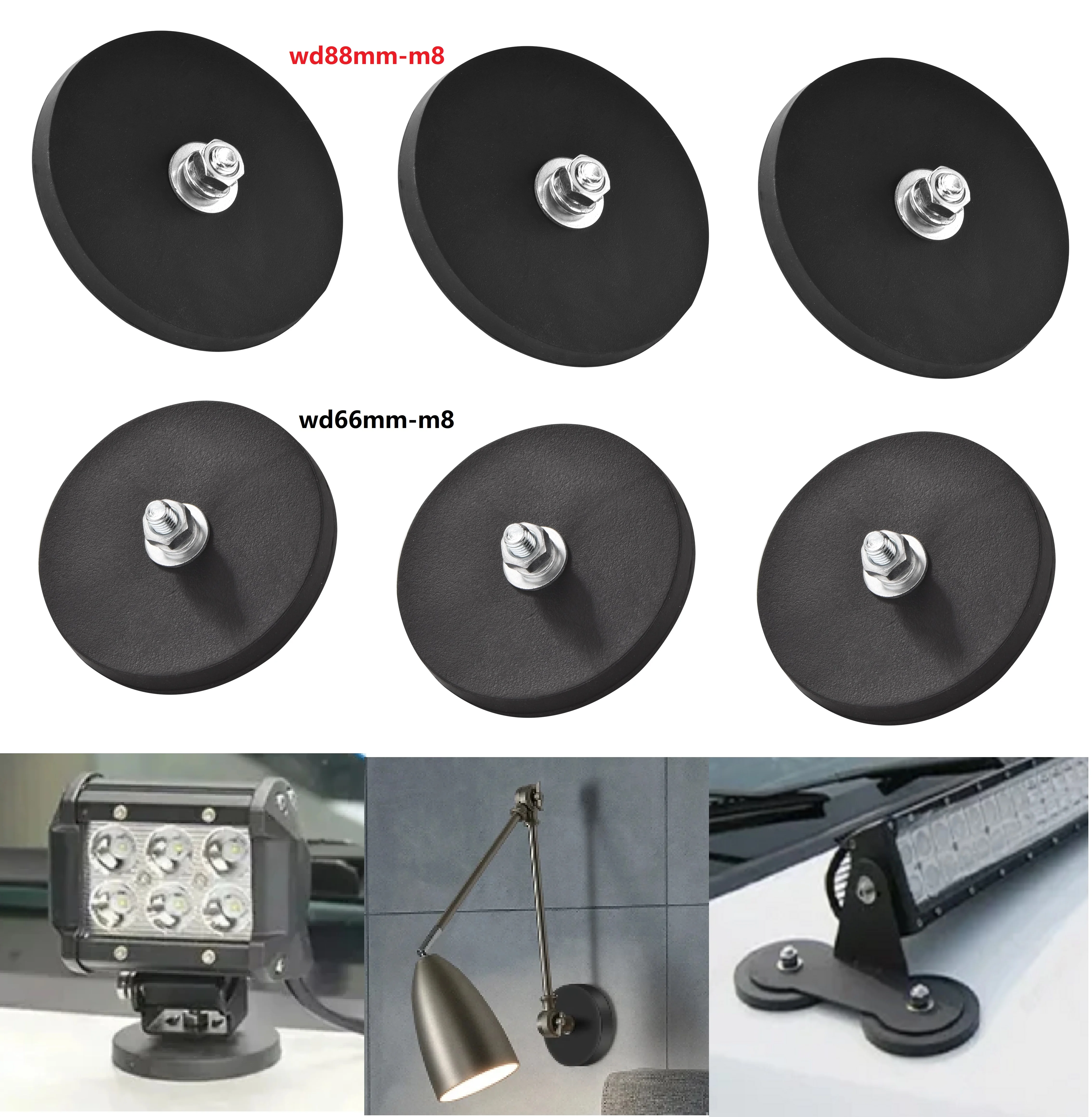 3 ชิ้น/ล็อต D66/88 มม.M8 Neodymium 52 แม่เหล็ก Strong พร้อมยางและด้ายแม่เหล็ก LED กล้องแม่เหล็กวัสดุฐานคงที่ 1