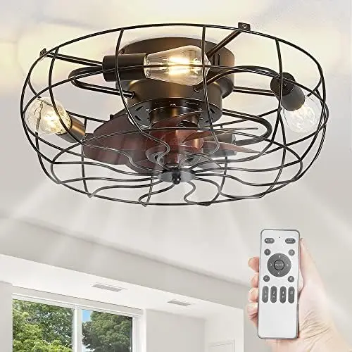 

Caged Ceiling Fans With Lights and Remote, Flush Mount Bladeless Low Profile, Small Farmhouse Industrial Enclosed Ceiling Fan Fo