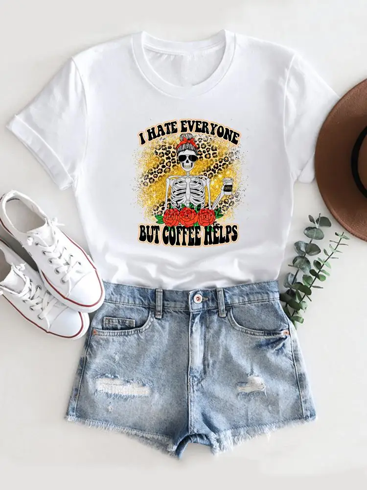 

Tee T-shirt Top Summer Casual Clothing Short Sleeve Women Print Leopard Coffee Love Trend Fashion Clothes Graphic T Shirt