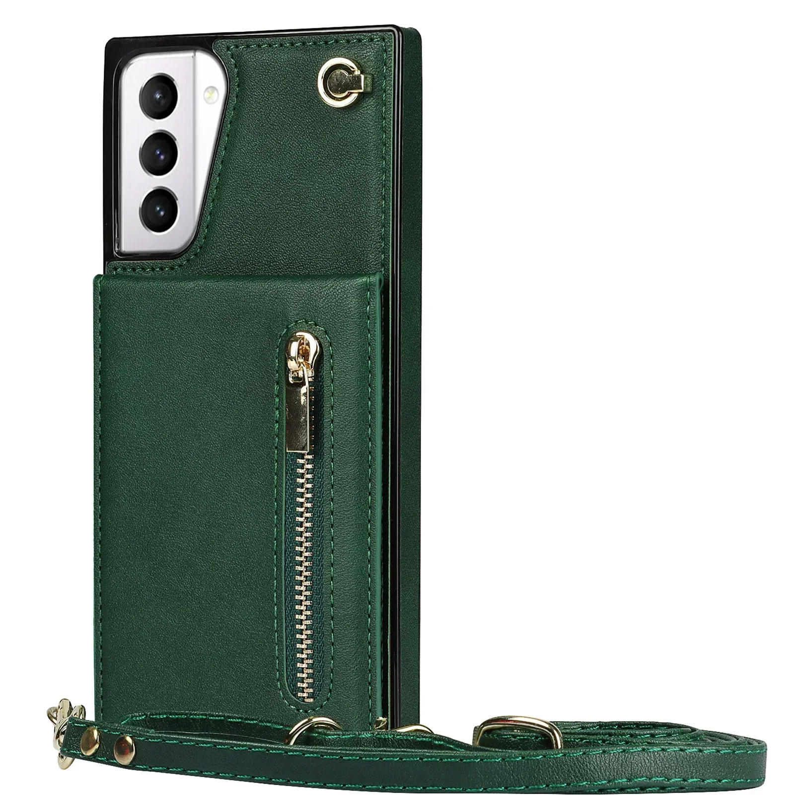 Leather Crossbody Zipper Wallet Case with Card Holder and Lanyard
