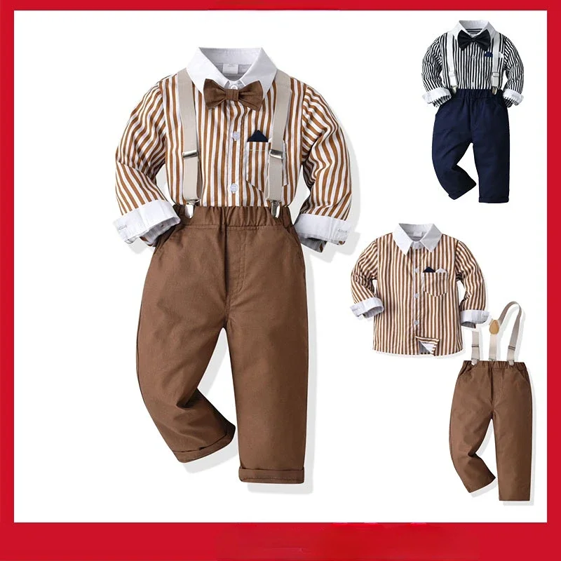 

1-7Y Kids Gentleman Clothing Suit Birthday Wedding Party Outfit Baby Boy Casual Wear Striped Shirt with Suspenders Pant Costume