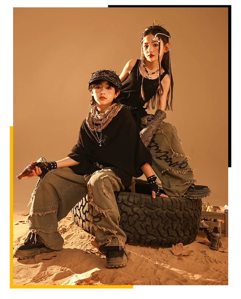 Girls Wasteland Street Dance Knitted Tank Top Jeans Boys Hip Hop Hoodies Clothes Sets Kids Jazz Costume Children Punk Streetwear S5f877eed1bf84623878150cd44521663X