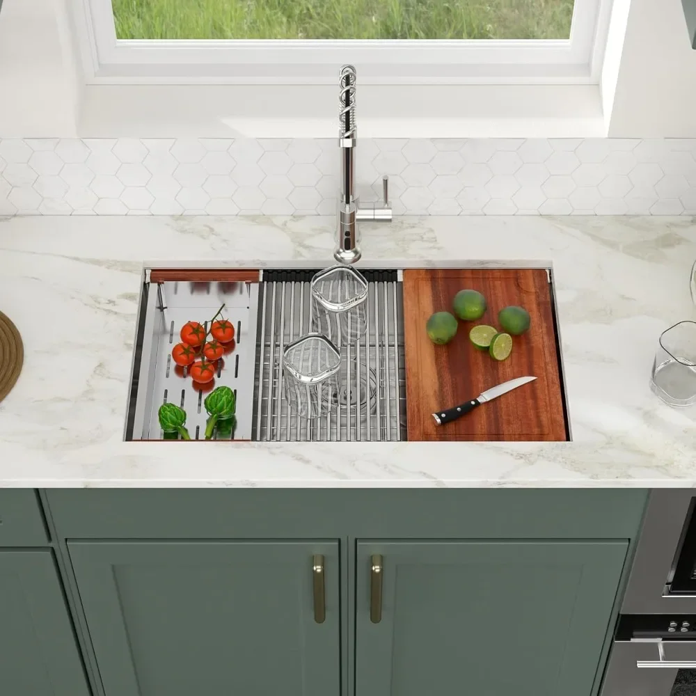 NEW-33" Undermount Kitchen Sink - 33 Inch Undermount Sink Workstation SUS304 16 Gauge Stainless Steel Under Counter Single Bowl