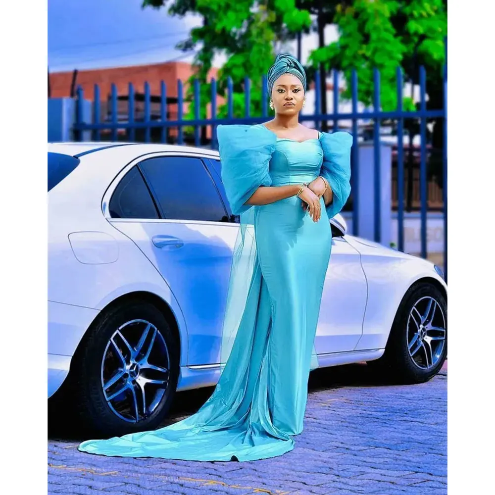 

Arabic Dubai Sky Blue Evening Dresses With Puffy Sleeves Ruched Satin Mermaid Prom Dress Elegant Robe de mariée Pageant Gowns