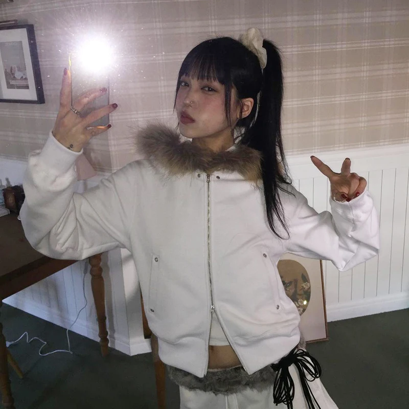 Karrram Japanese Y2k Fur Coat Women Vintage Korean Style Black Hooded Jacket Grunge Aesthetics Fur Collar Zipper Coat Thin 00s 5