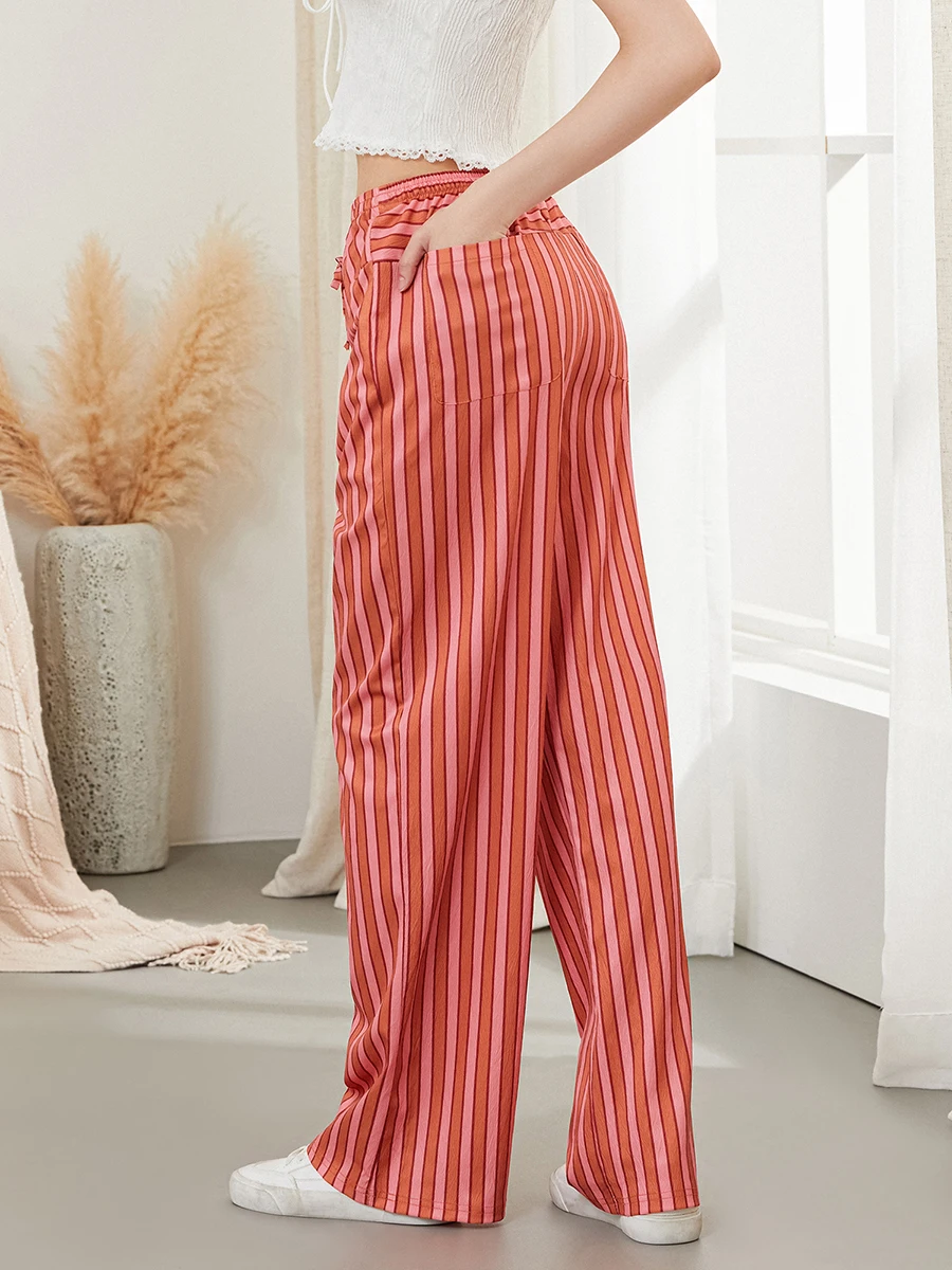 Women Baggy Pants Drawstring Waist Wide Leg Striped Pants Multiple Pockets Trousers