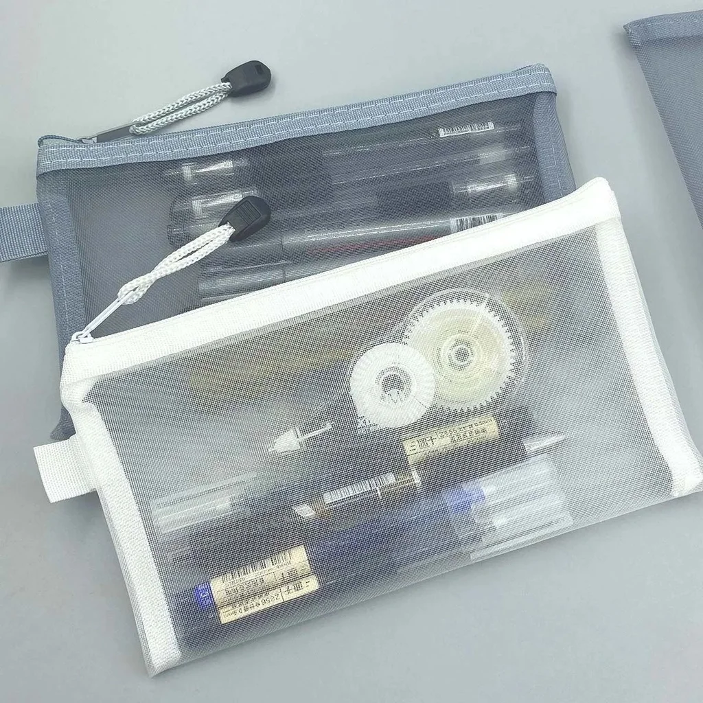 Transparent Mesh Pencil Case Large Capacity Storage Bag Nylon Zip Pencil Bag Office School Supplies office supplies