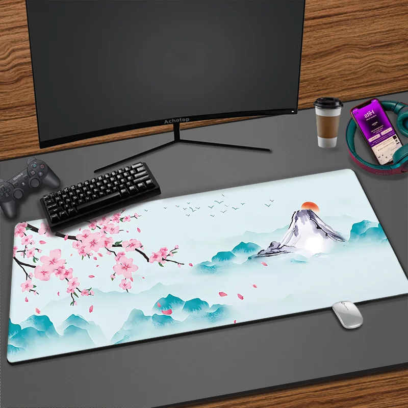thumbnail image 1 of Alfombrilla de ratón de estilo japonés con diseño de flor de cerezo Fuji, alfombrilla de ratón grande XXL para Gamer XL, 100x50, alfombrillas de escritorio, teclado, alfombrilla de goma para mesa, 1 of 5