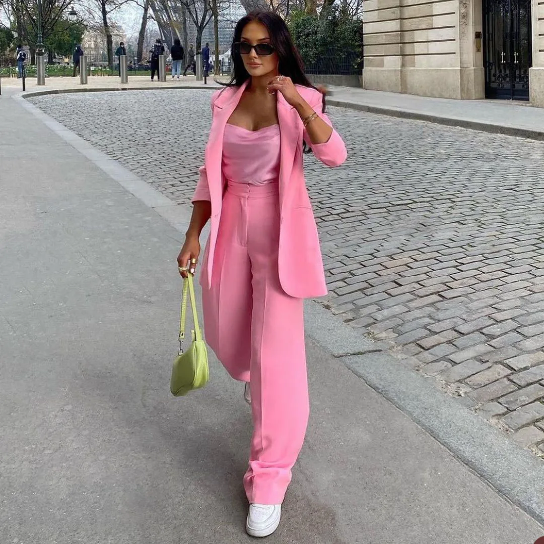 Summer Hot Pink Loose Women Pants Suits For Wedding 2022 Women Sexy Long  Sleeve Trousers Set 2 Pieces