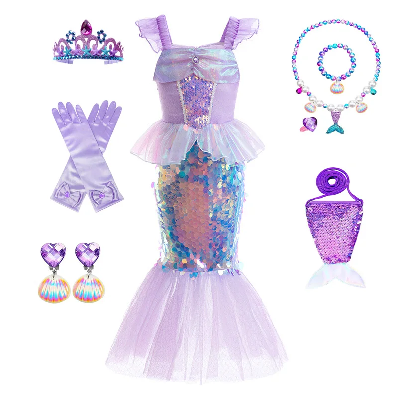 

Little Mermaid Ariel Princess Costume Girls Fancy Party Carnival Birthday Gift Summer Dress Shiny Layered Cosplay Halloween