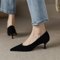 Black Pointed Toe Kitten Heel Pumps with Jeans Black pointed toe kitten heel pumps worn with cropped blue jeans on textured carpet