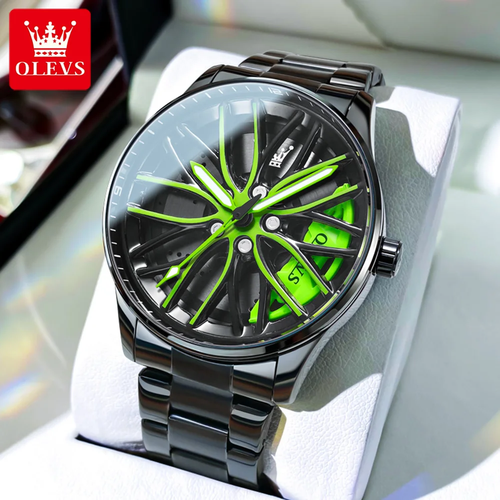 OLEVS 3D Sport Rim Hub Wheel Rotatable Quartz Watches Fashion Creative